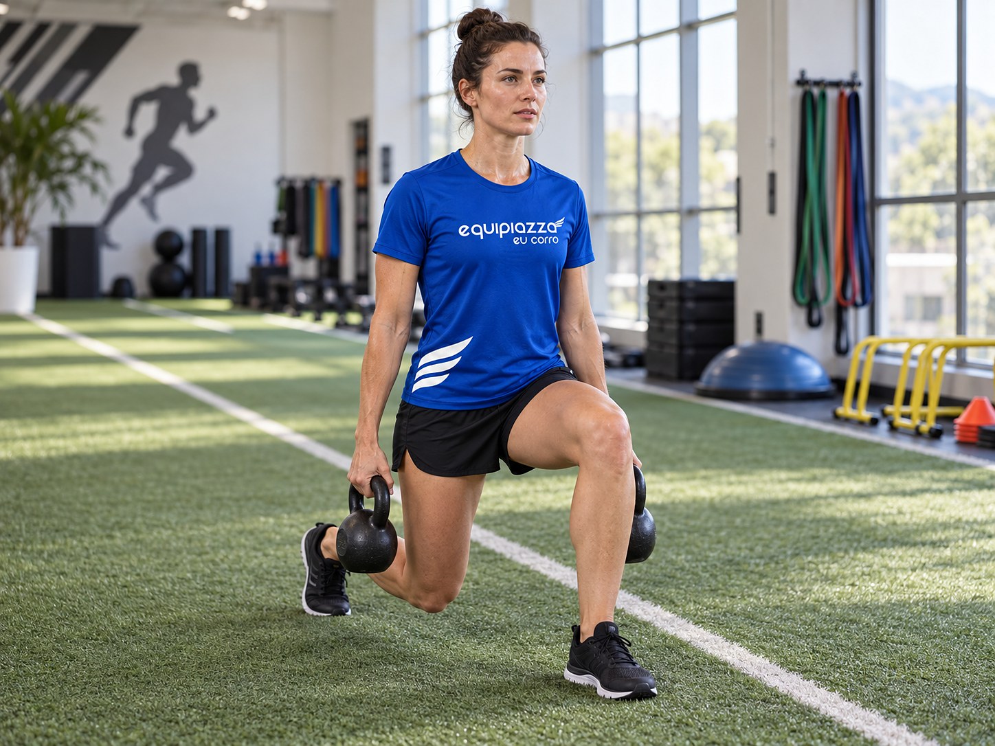Atleta da equipe fazendo afundo com kettlebells no estúdio