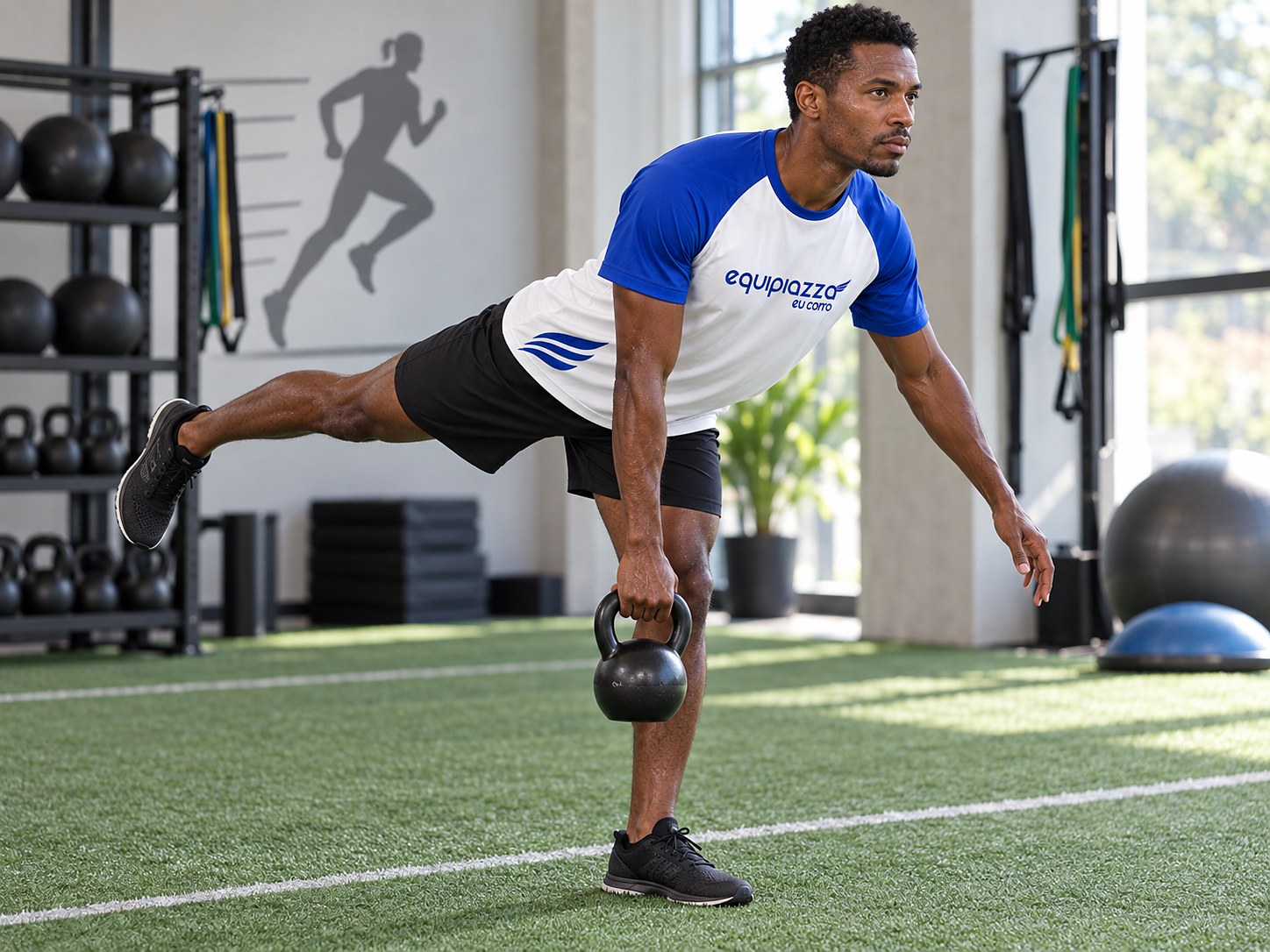 Atleta da equipe fazendo levantamento terra unilateral com kettlebell no estúdio