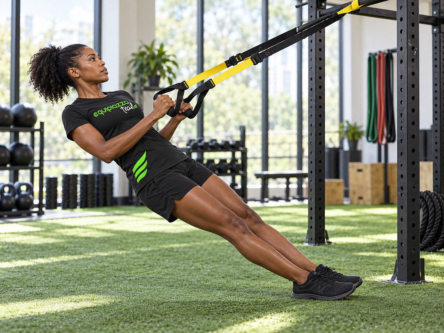 Atleta da equipe treinando TRX no estúdio Equipiazza