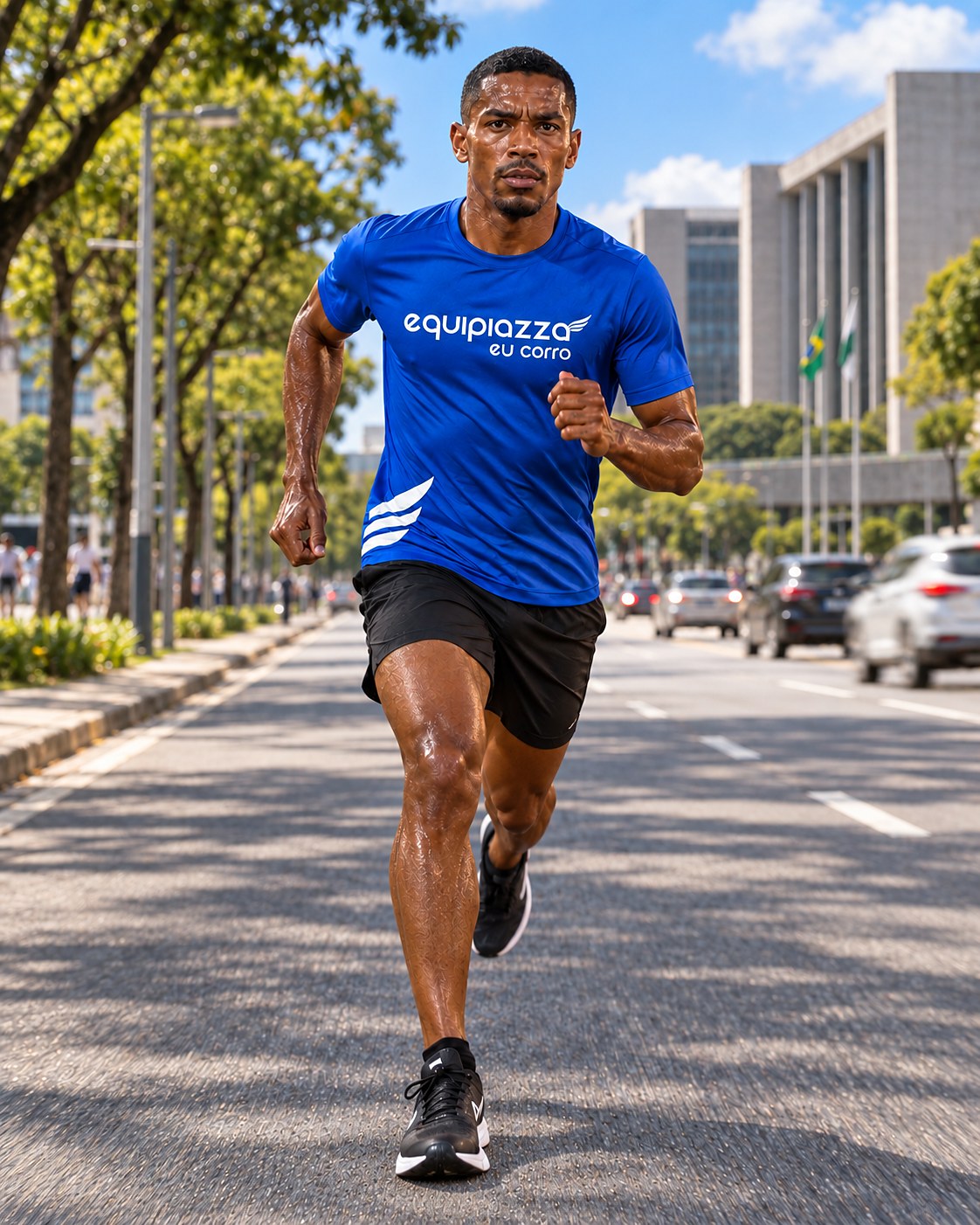 Atleta da equipe correndo de dia numa avenida