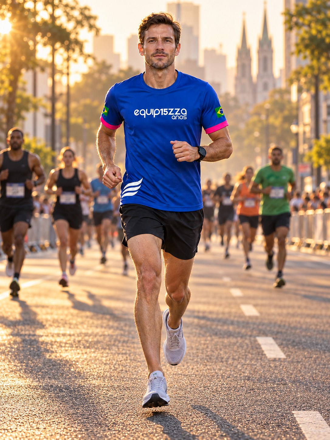 Atleta da equipe correndo numa avenida de Curitiba