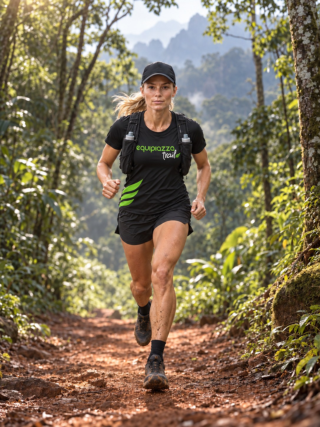 Atleta da equipe correndo em subida de trilha na mata