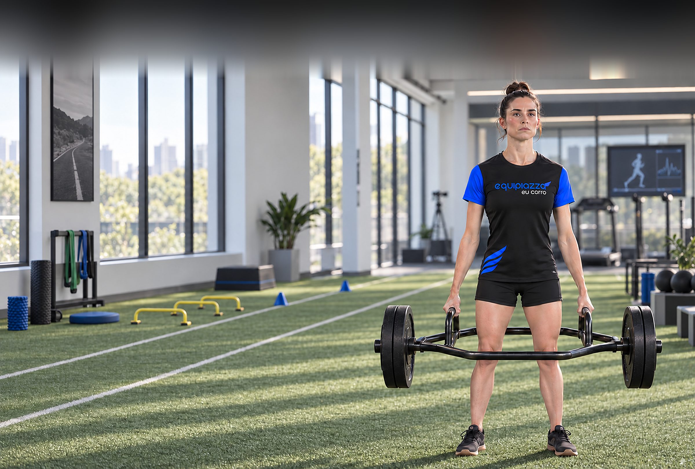 Atleta com a camiseta Equipiazza Black levantando barra hexagonal no estúdio de funcional