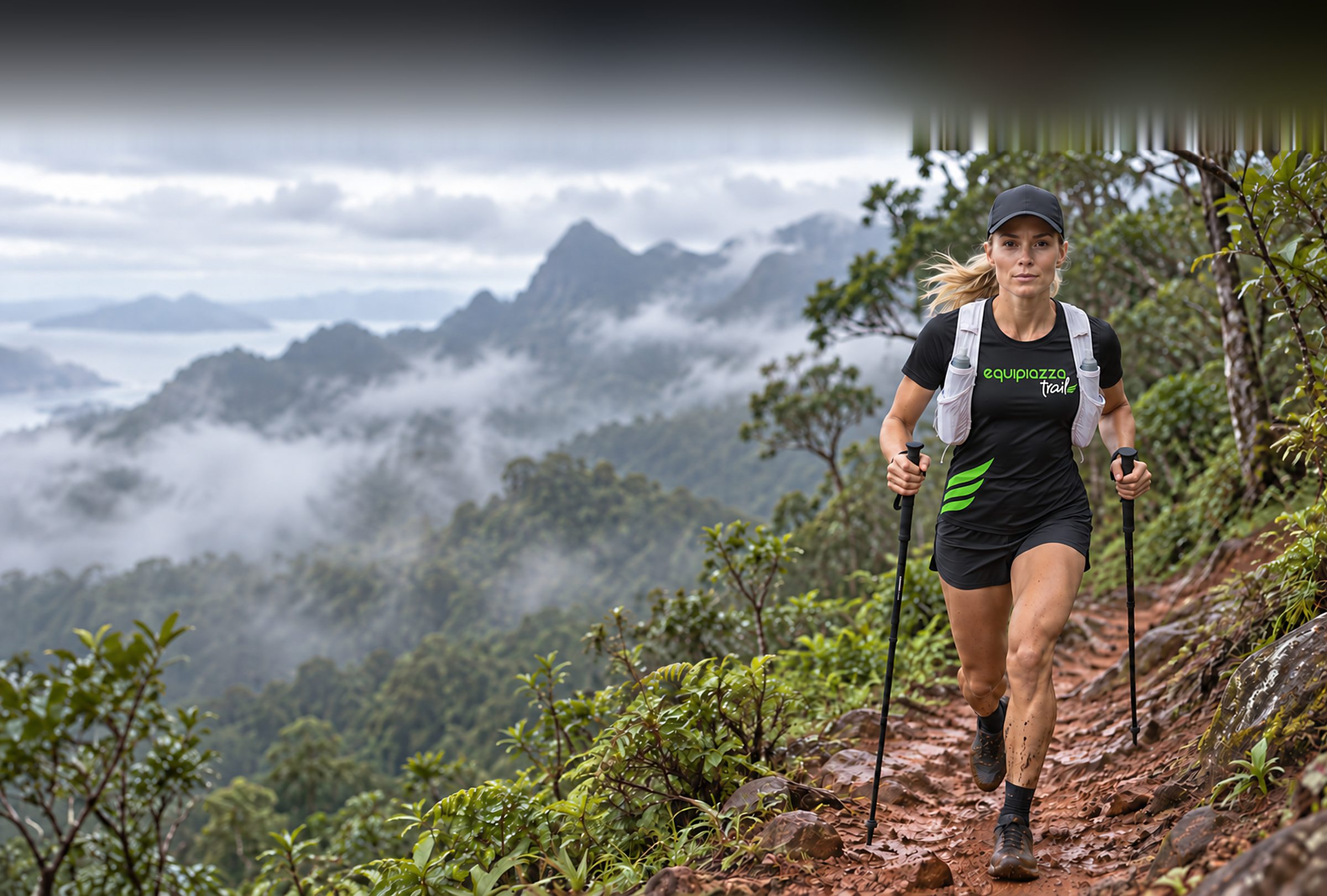Corredora com a camiseta Equipiazza Trail subindo uma trilha de terra na mata